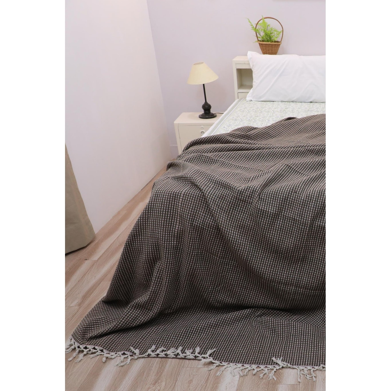 Fabdivine Handmade Check Lines Block-Printed Throw Blanket - Handwoven Cotton with Unique Fringe Knots 90x54