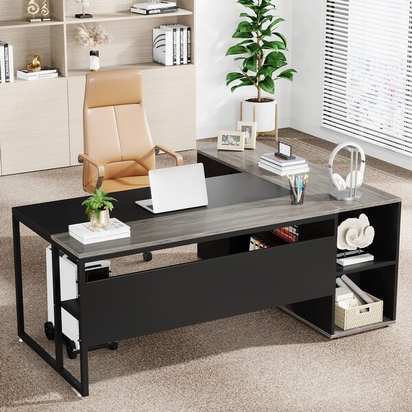 71 inch L Shaped Executive Desk with Cabinet, Corner Computer Desk