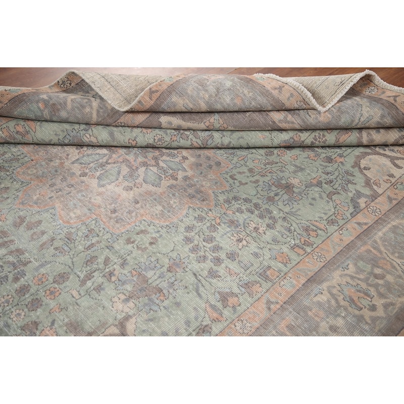 Hand Knotted Oriental 100% Wool Carpet Traditional Floral Green Tabriz Area Rug - 11' 7'' X 8' 1''