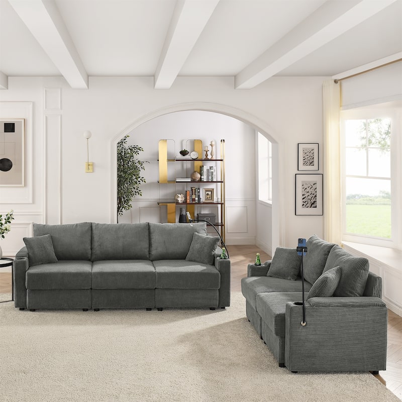 Deep Seat Loveseat Sofa & 3 Seater Couch Set, Corduroy Upholstered Storage Sofa with Cup Holders and Phone Stands, 2pc - Grey
