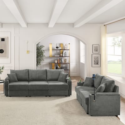 Deep Seat Loveseat Sofa & 3 Seater Couch Set, Corduroy Upholstered Storage Sofa with Cup Holders and Phone Stands, 2pc