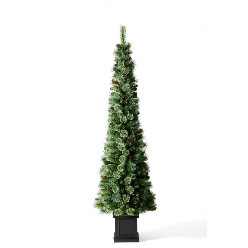 Glitzhome 7FT Pre-Lit Slim Artificial Christmas Tree with 200 LED Lights and Base, 9 Functional Warm White/Multi-Color