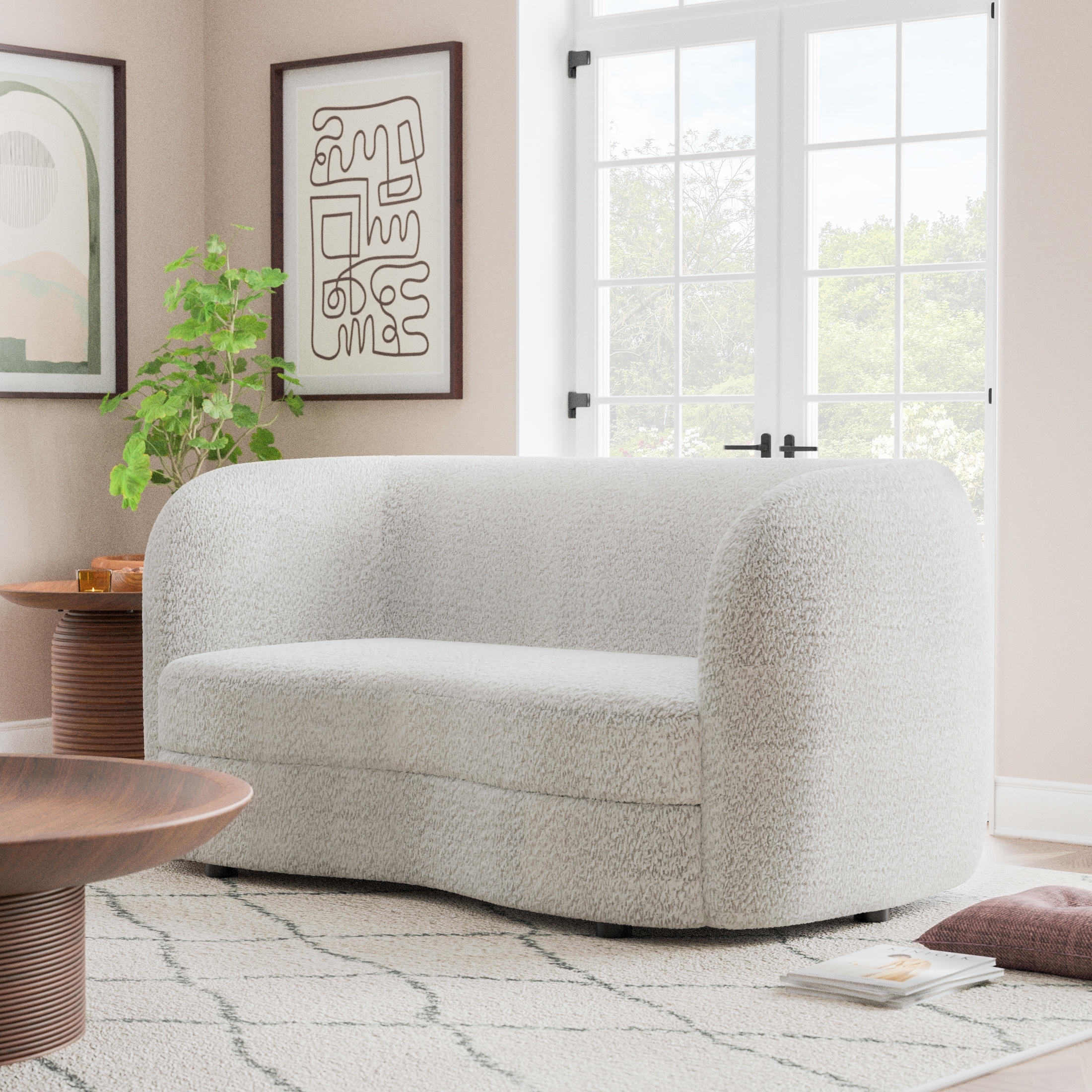 Furniture of America Ophelia Modern Curved Arms Boucle Loveseat Couch with Kidney Style Seat and Round Wooden Legs
