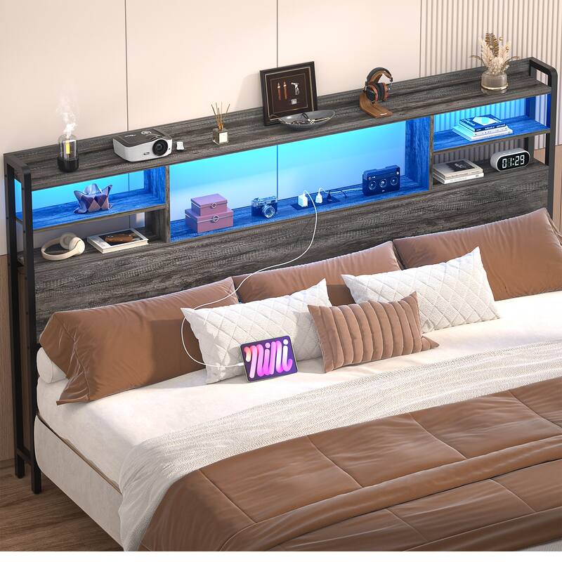 Storage Headboard with USB Port and Power Outlet, Head Board with LED Light for Bed Frame - Grey Oak - King
