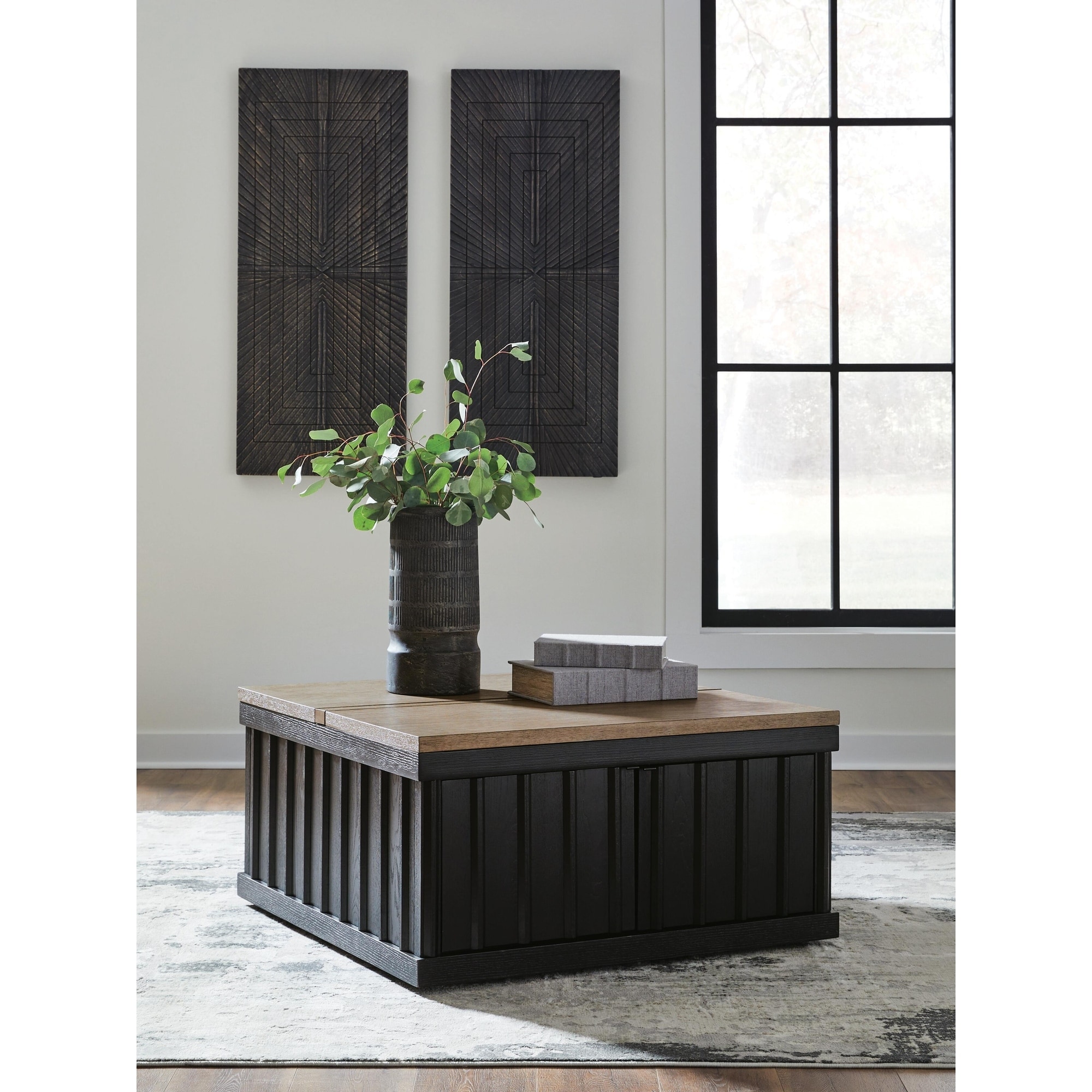 Signature Design by Ashley Rylandyn Black/Light Brown Lift-Top Coffee Table - 36"W x 36"D x 19"H
