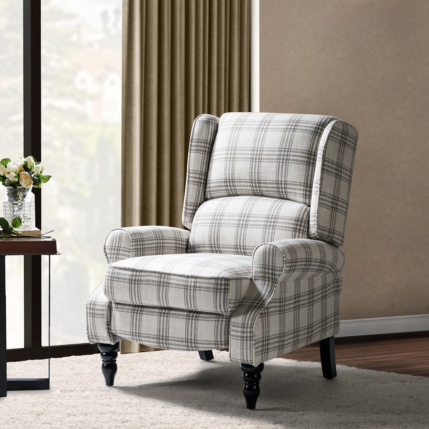 HULALA HOME Olympus Upholstered Classic Manual Wingback Recliner with Solid Wood Legs