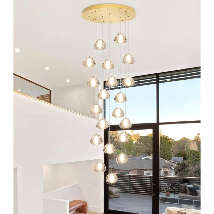 KAYLA 30-Lights Gold Modern Crystal Chandelier for Staircases, 157" Extra-Long Adjustable LED Ceiling Light