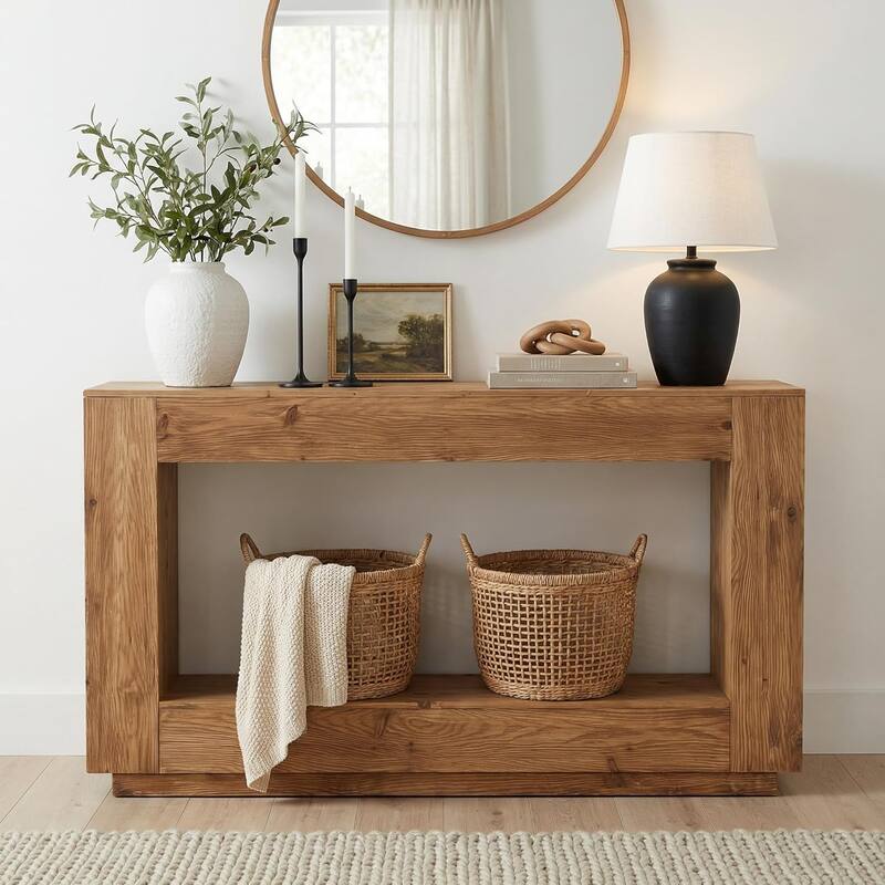 59" Solid Wood Entryway Table, 2-Tier Console Table with Open Storage