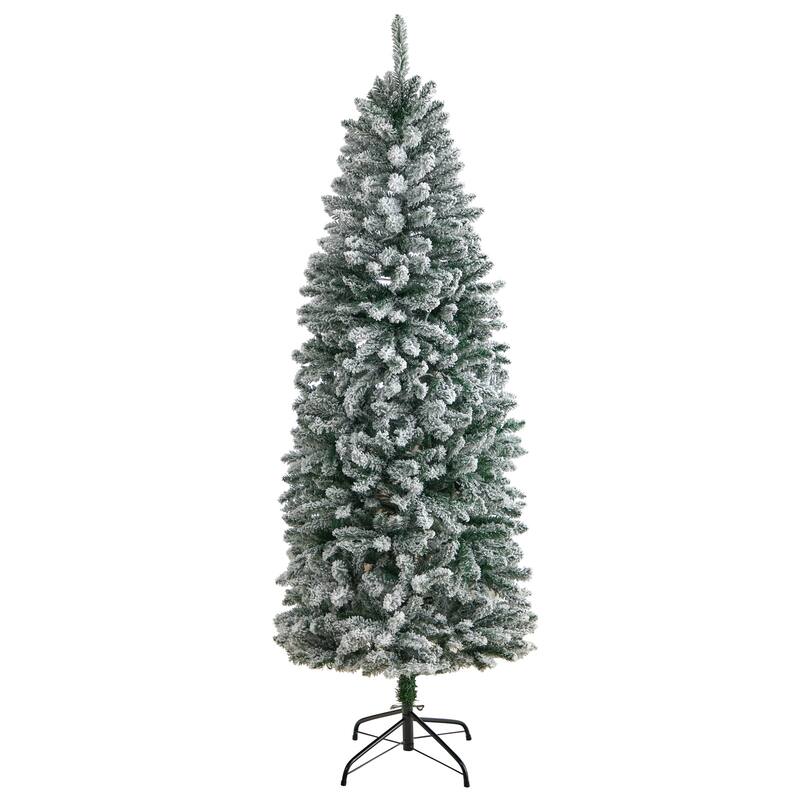 6ft Slim Artificial Christmas Tree with Lights - Winter Fir Tree, Prelit Holiday Decor, Realistic Flocked Tree - Green - 72