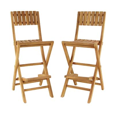Teak Wood Indoor Outdoor Folding Bar Stool - Set of 2 Brown - Roche River Decor - 23"W x 18"L x 45"H