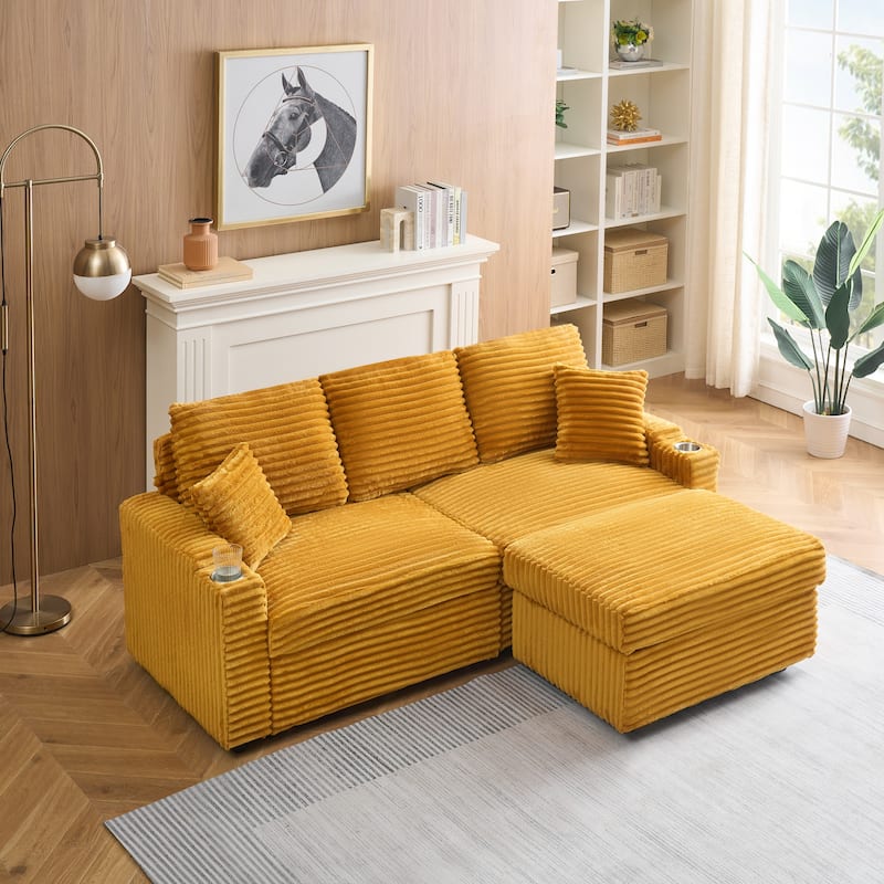 Multi-Function Corduroy Sectional Sofa Hidden Reclining Couch with Storage Ottoman Chaise Lounge, Pillows and Cup Holders