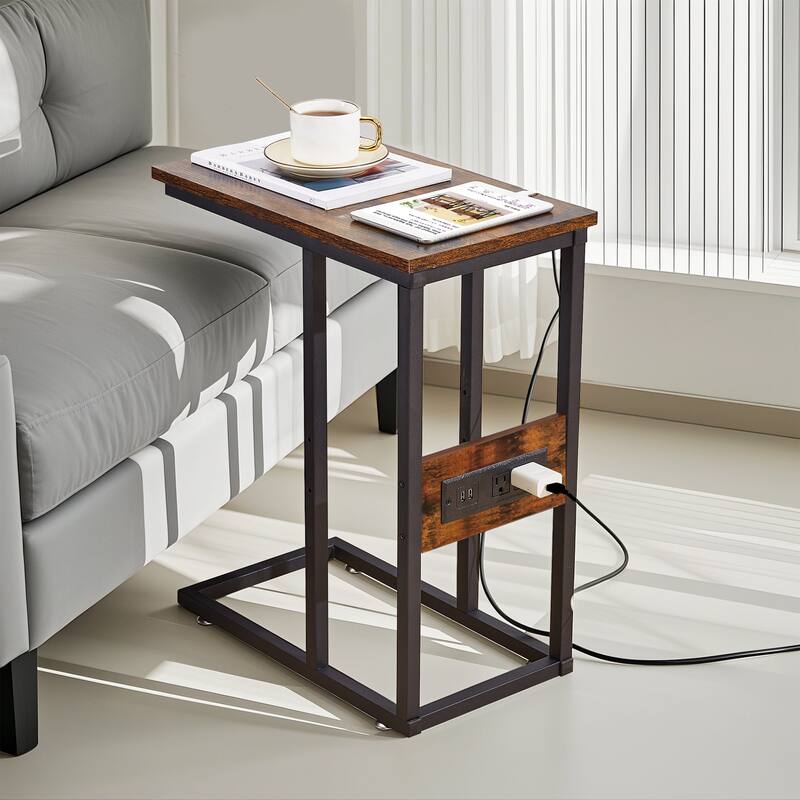 Javlergo Set of 2 C-Shaped End Tables with Charging Station Outlets & USB Fits Sofa Bed for Small Spaces Nightstand & Sofa Table