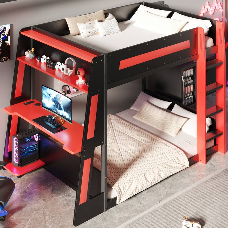 Full or Twin Gaming Bunk Bed Gaming Loft Bed with Built-In Gaming Station Cable Management for Gamer Gaming Hotel Gaming Suite