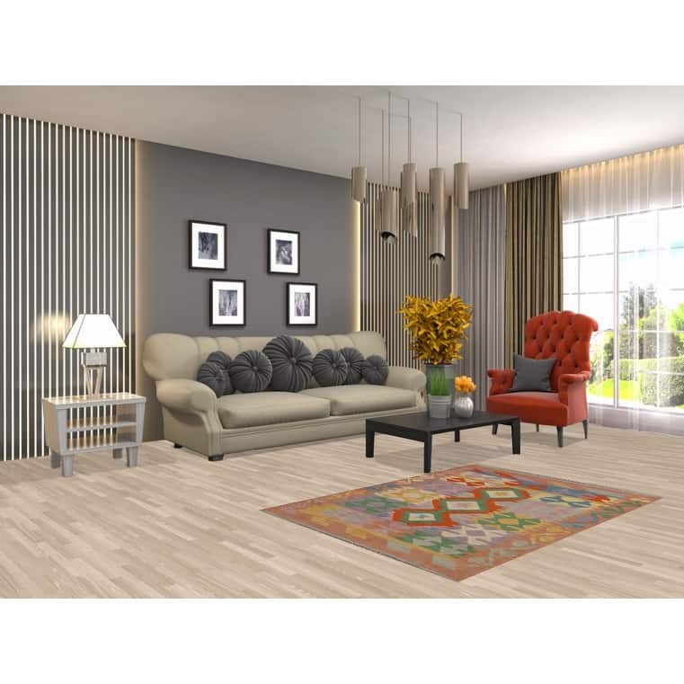 Geometric Kilim Accent Rug Flatweave Wool Carpet - 3'4"x 4'10"