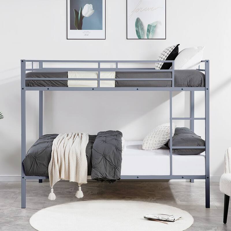 Heavy Duty Metal Bunk Bed, Built-In Ladder, Safety Rails, No Boxspring