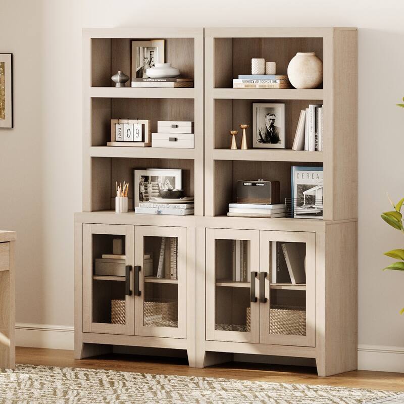 WAMPAT 3 Tier Bookshelf with Glass Door, 74" Tall Bookcase with Adjustable Shelf and Storage Cabinet, Farmhouse Wooden Bookshelf - 62-inch width - Beige