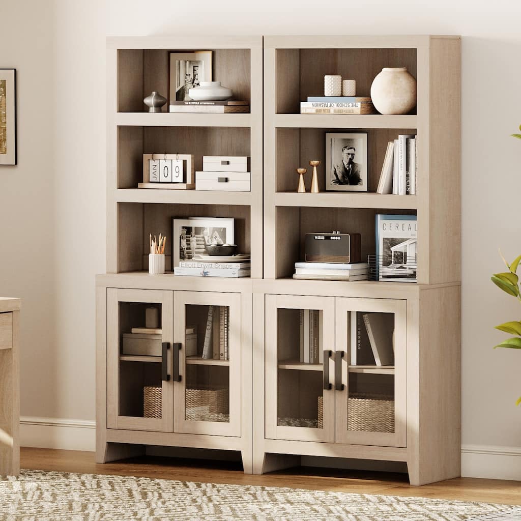 WAMPAT 3 Tier Bookshelf with Glass Door, 74" Tall Bookcase with Adjustable Shelf and Storage Cabinet, Farmhouse Wooden Bookshelf