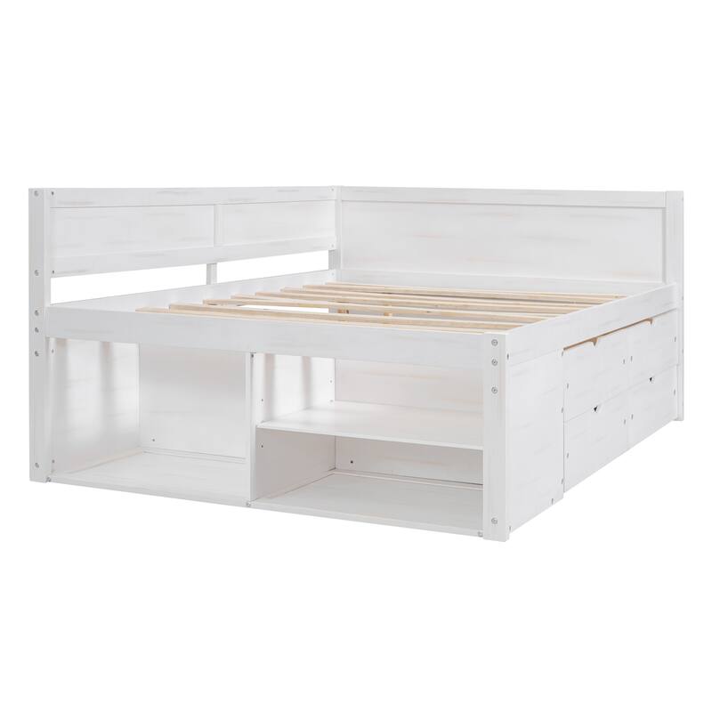 Storage Bunk Bed with Trundle, Full/Twin Size Bed Frame with 3 Drawers and Shelves