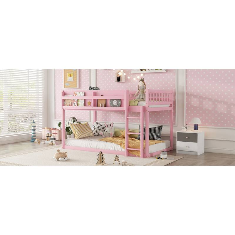Roomfitters Twin Over Twin Bunk Bed, Low Floor Loft Platform Bed and Shelf with Wooden Frame for Bedroom