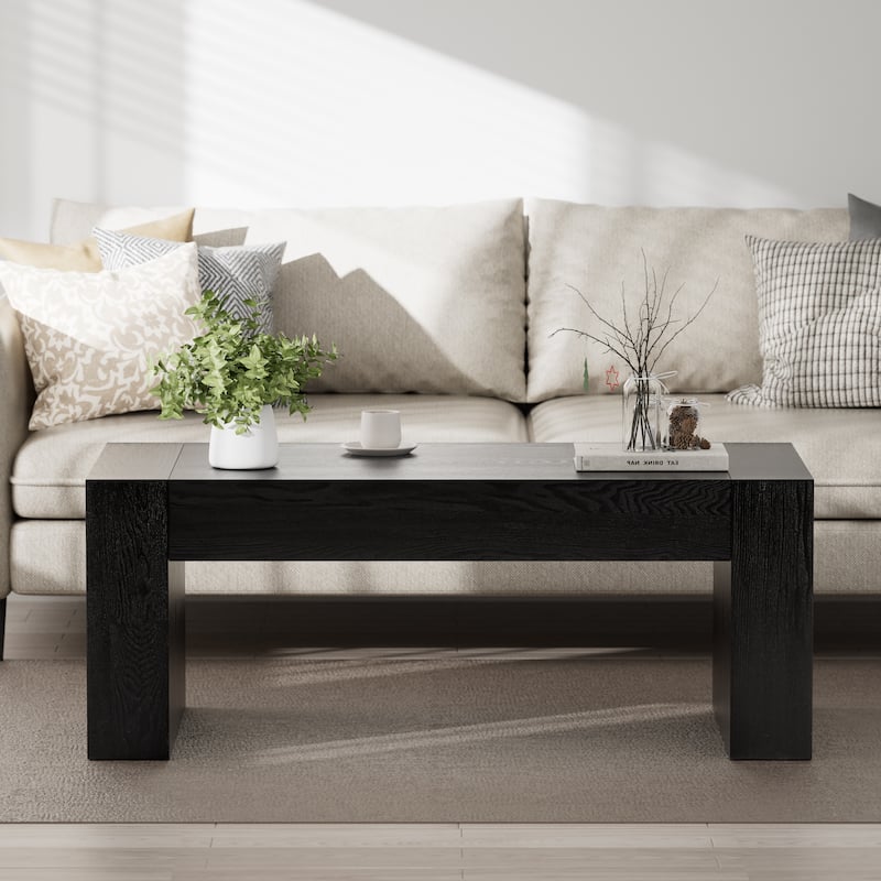 COZAYH Rustic Wood Coffee Table with Chunky Block-Legs, Farmhouse Style Center Table, Lounge, Rectangular