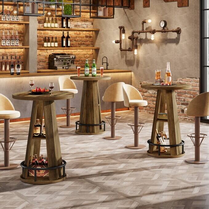 Rustic Wooden High Pub Table, Round Counter Height Bar Table