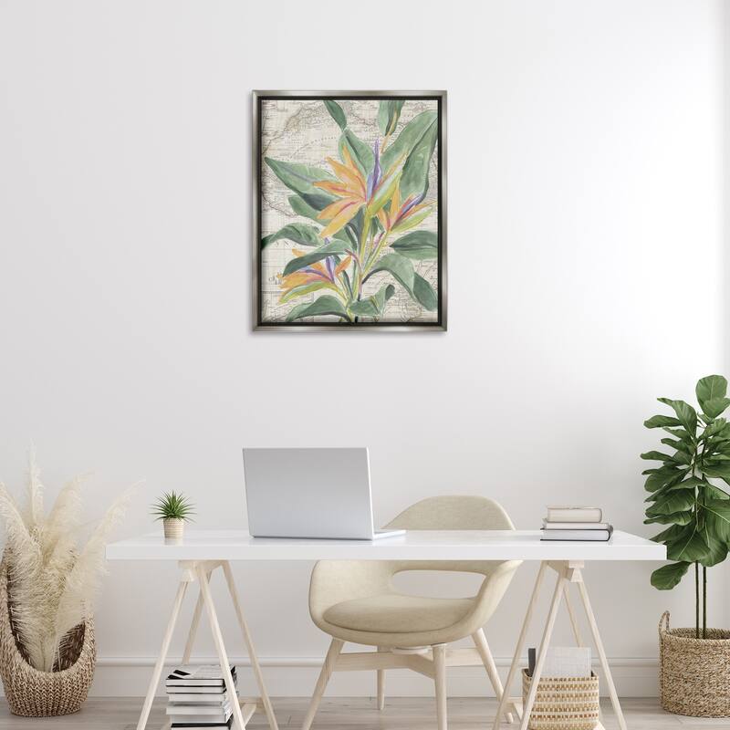Stupell Tropical Flower over Map Framed Floater Canvas Wall Art Design By June Erica Vess