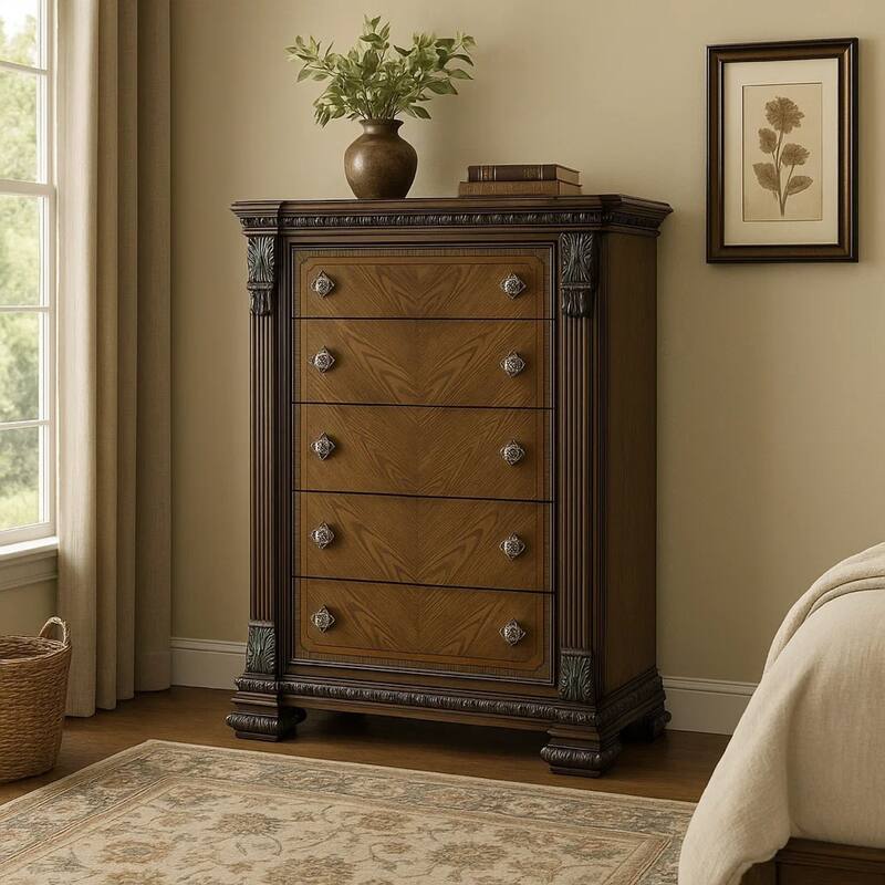 Naddy Tall Dresser Chest, Brown Pine Wood, Ornate Carving