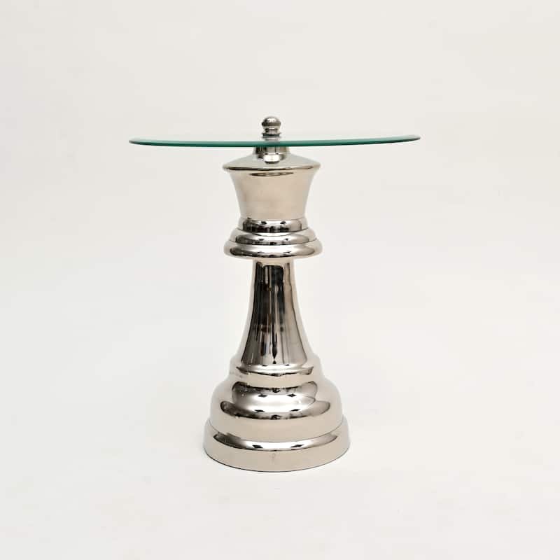 Decorative Nickel Finished Aluminum Queen Pedestal Accent Table with Glass Top - 18x18x21"- Unique Side Table