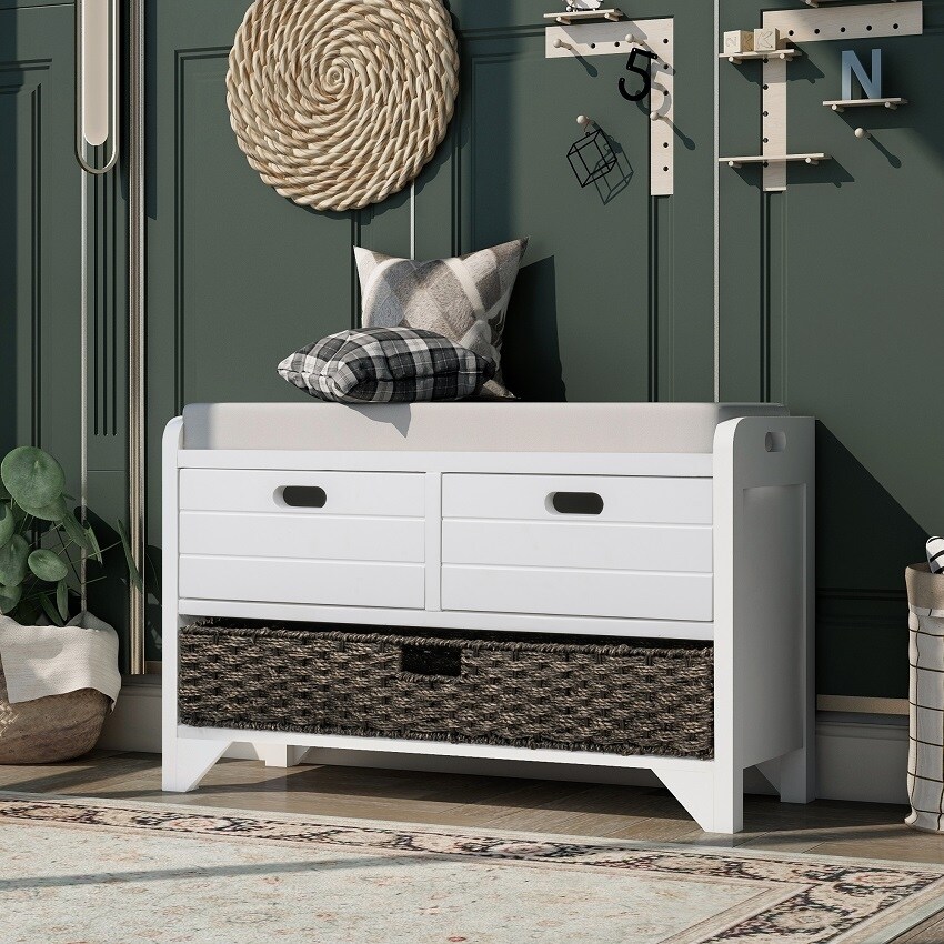 Storage Bench Entryway Bench with Removable Basket and 2 Drawers