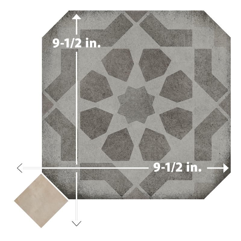 Merola Tile Laverton Octagon Deco Sombra with Taco Arena 7-7/8" x 7-7/8" Porcelain Floor and Wall Tile