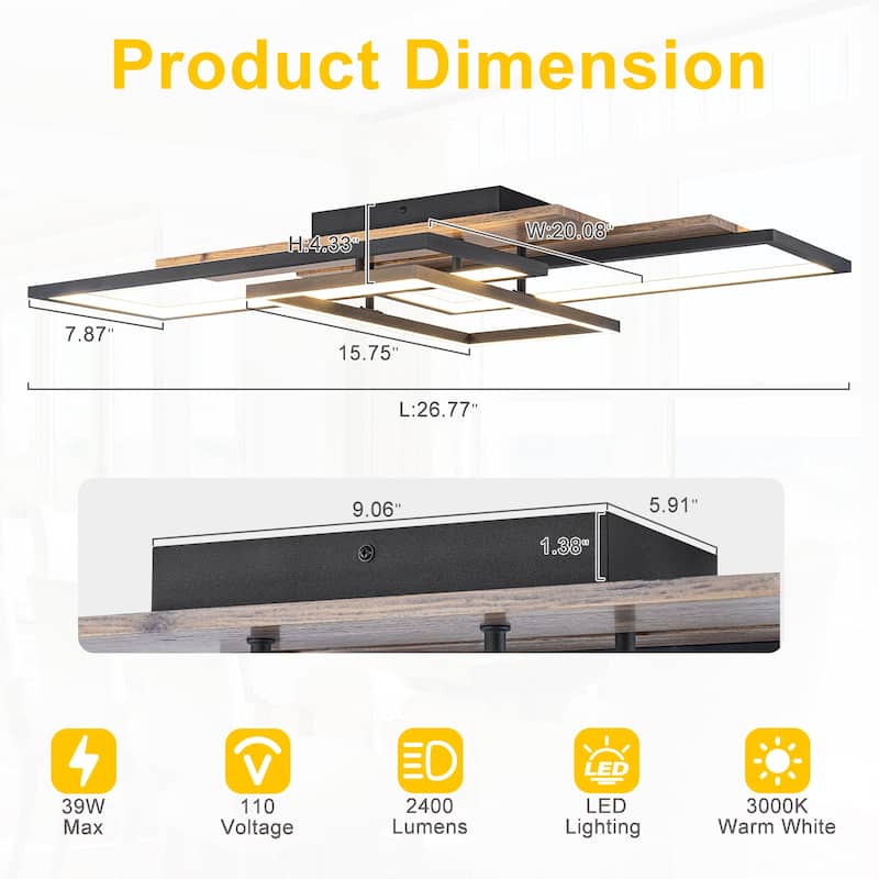 Rectangular Integrated LED Flush Mount Ceiling Light Dimmable - Dia.26.77-in