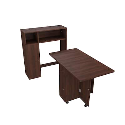 Brown Multifunctional Dining Table with Storage, Wheels and Socket - 37.4" W x 11.8" D x 31.5" H