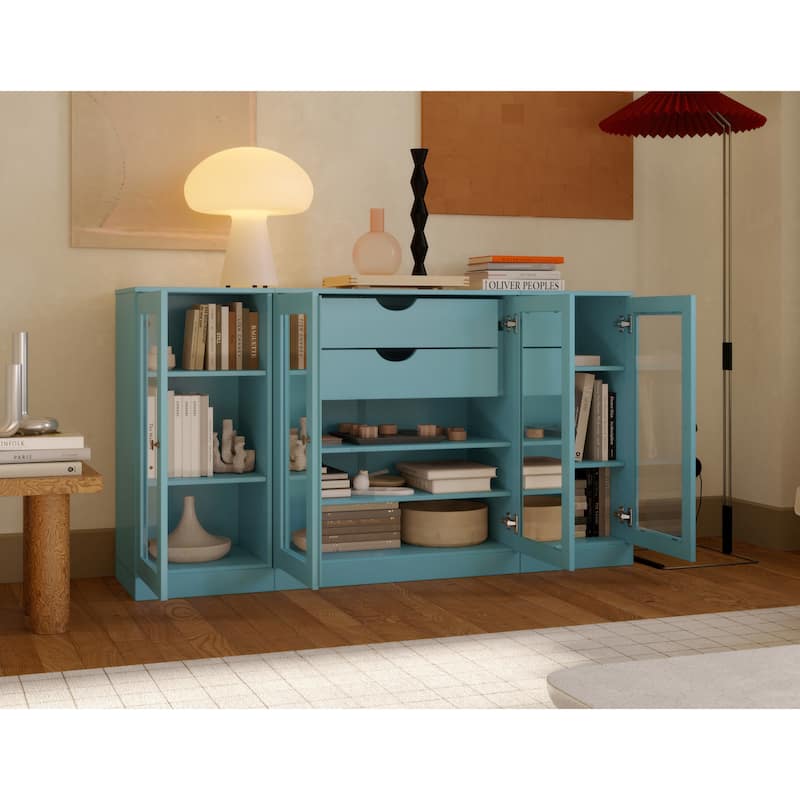 Palace Imports 100% Solid Wood 65" Sideboard with Clear Glass Doors, 2-Drawers and Adjustable Shelves