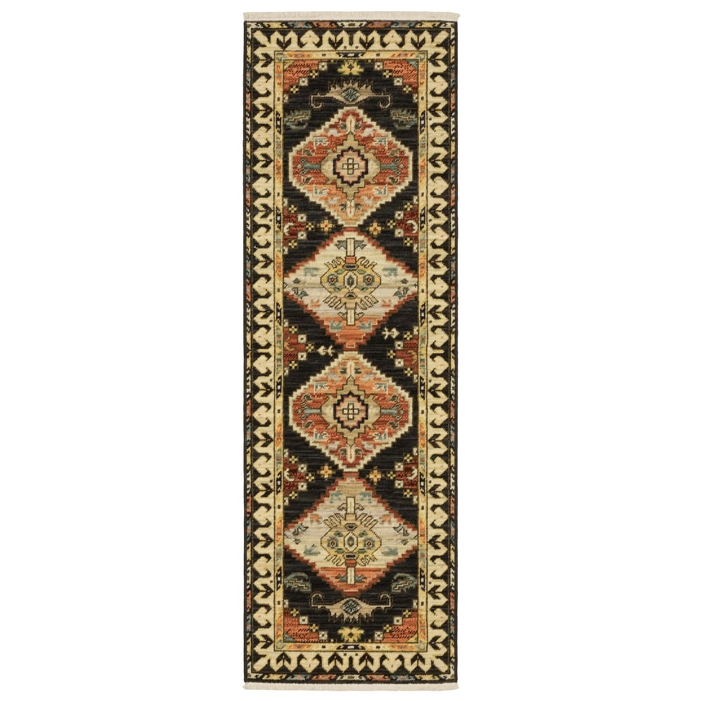 Style Haven Leander Tribal Triple Medallion Charcoal/ Multi Fringed Wool Blend Rug-