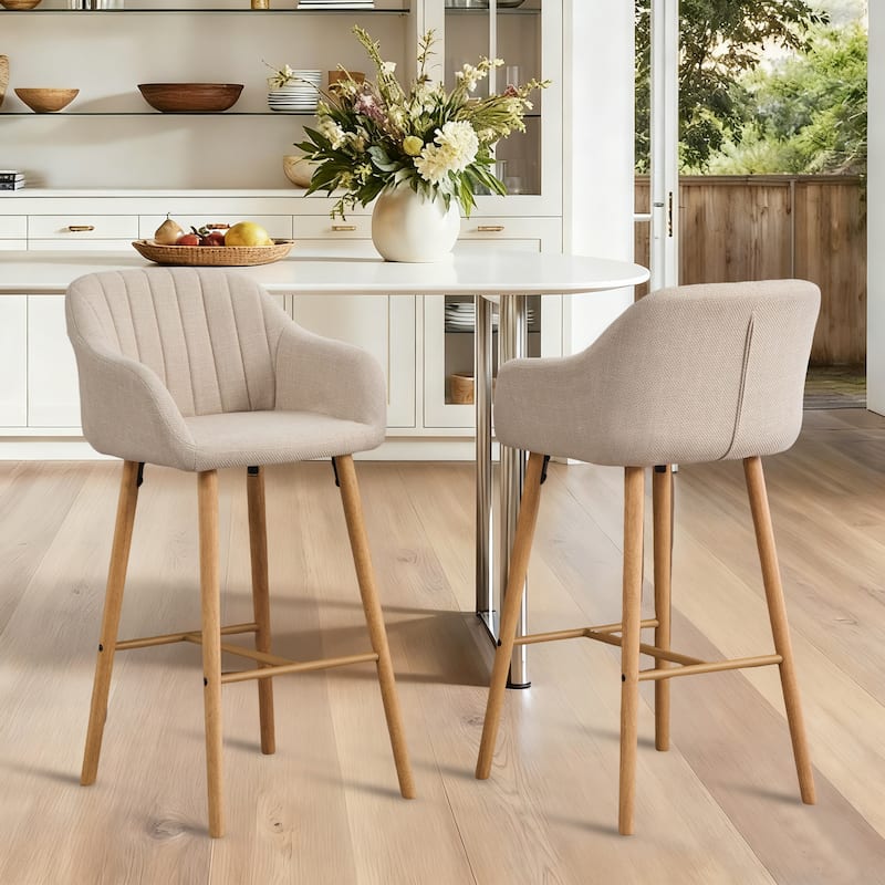 Modern Bar Stools Set of 2, Kitchen Island Tall Chairs with Back, Arm, Footrest and Solid Wood Leg, Upholstered Bar Stools