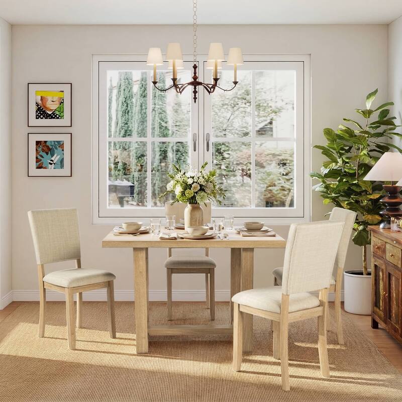 Rossetta 5-Piece Wood Transitional Farmhouse Style Dining Table Set with U-Shaped Trestle Base Table, 4 Upholstered Side Chairs - Natural