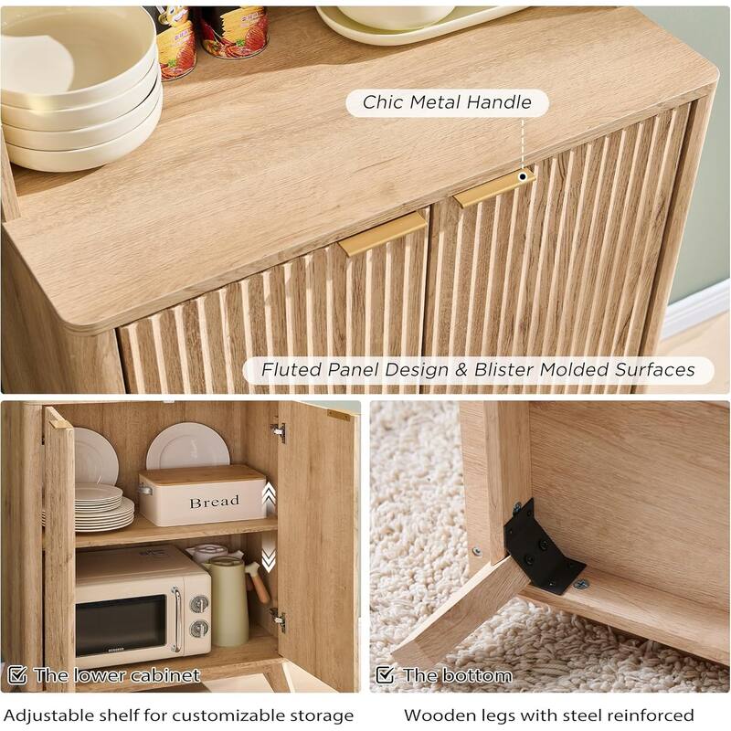 Fluted Pantry Storage Cabinet, Spacious Dual-Zone Wood Organizer