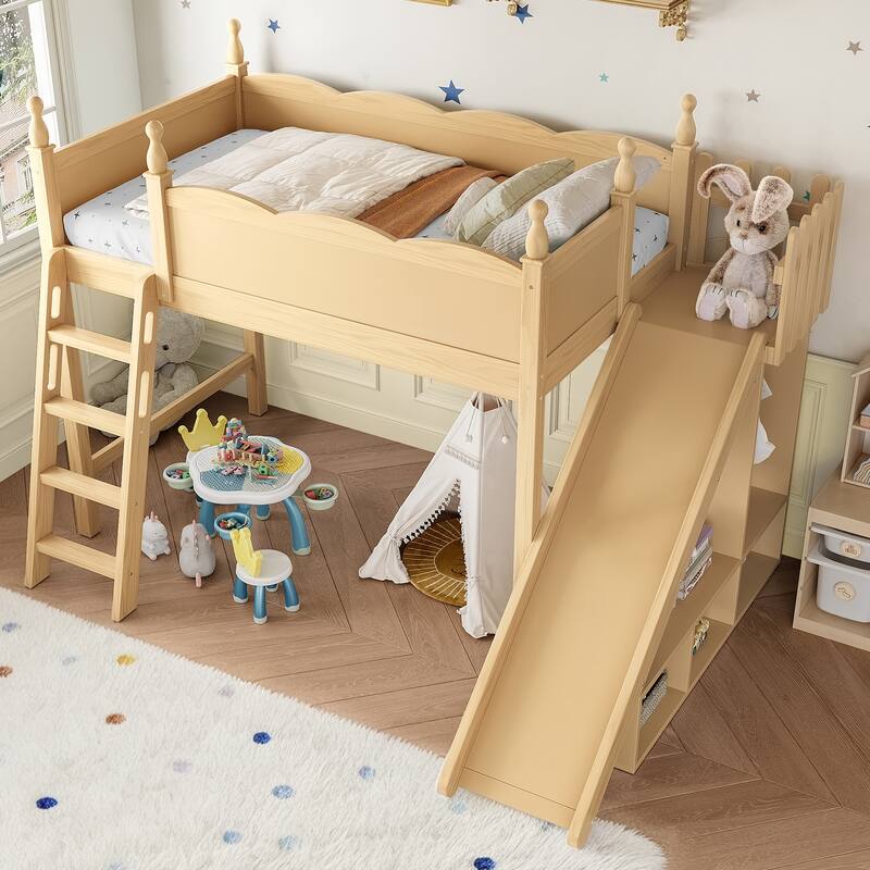 Twin Loft Bed with Storage Shelves and Wardrobe, Solid Wood Loft Beds with Detachable Slide and Ladders, No Spring Box Needed