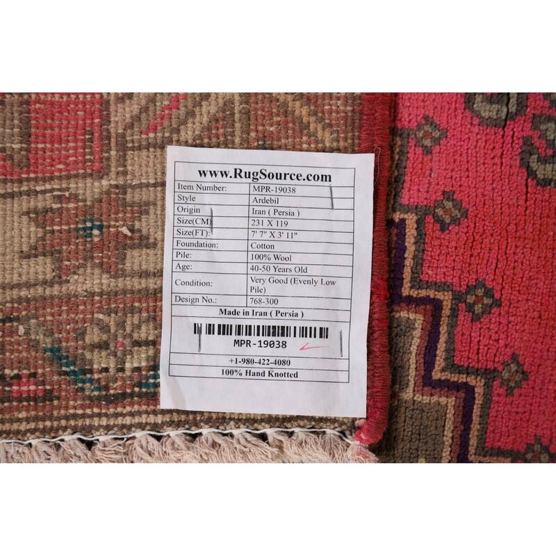 Pink Ardebil Persian Vintage Area Rug Hand-Knotted Wool Carpet - 3'11" x 7'7"