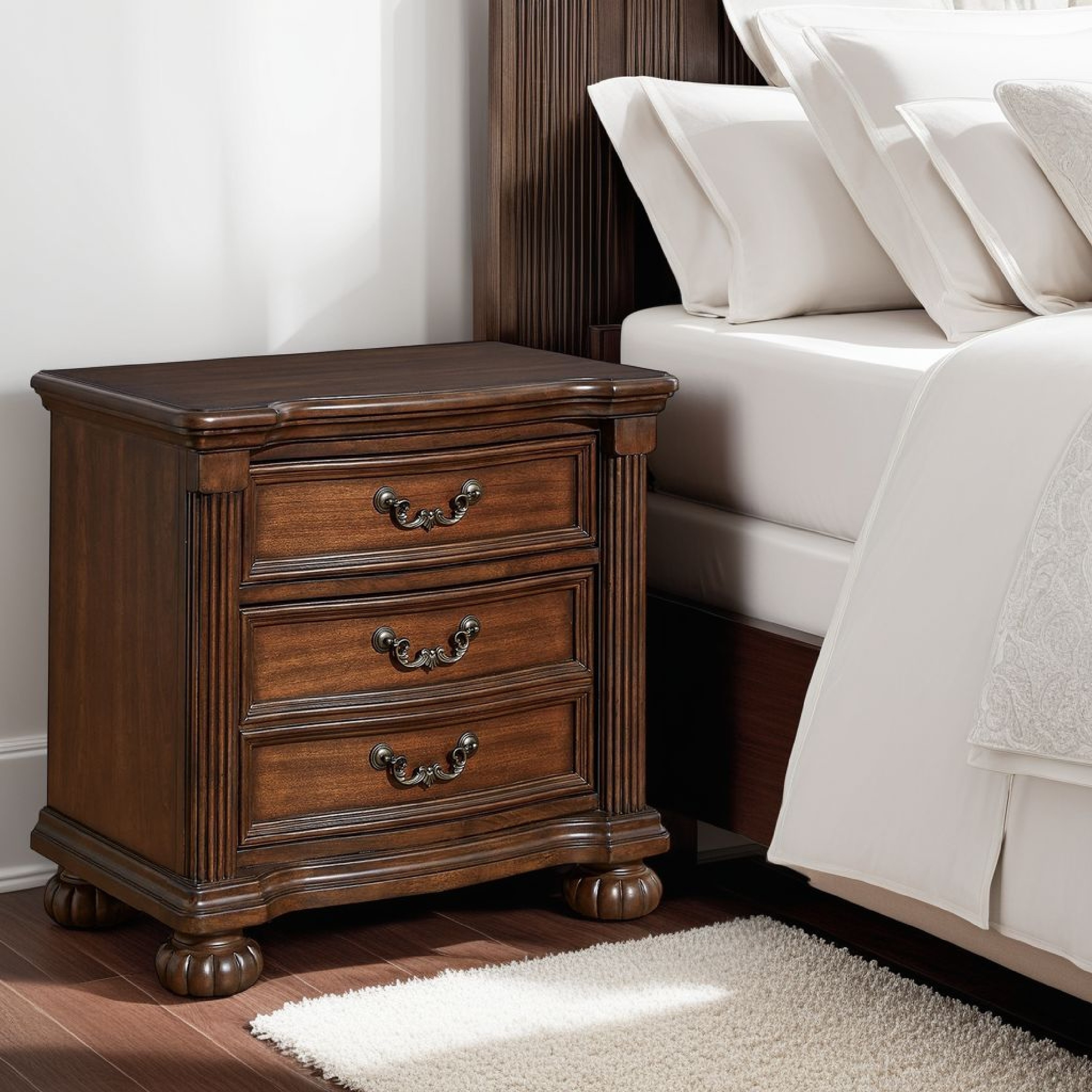 Laon Nightstand, 3 Drawer, Bronze, 29 Inch Cherry Brown Solid Hardwood