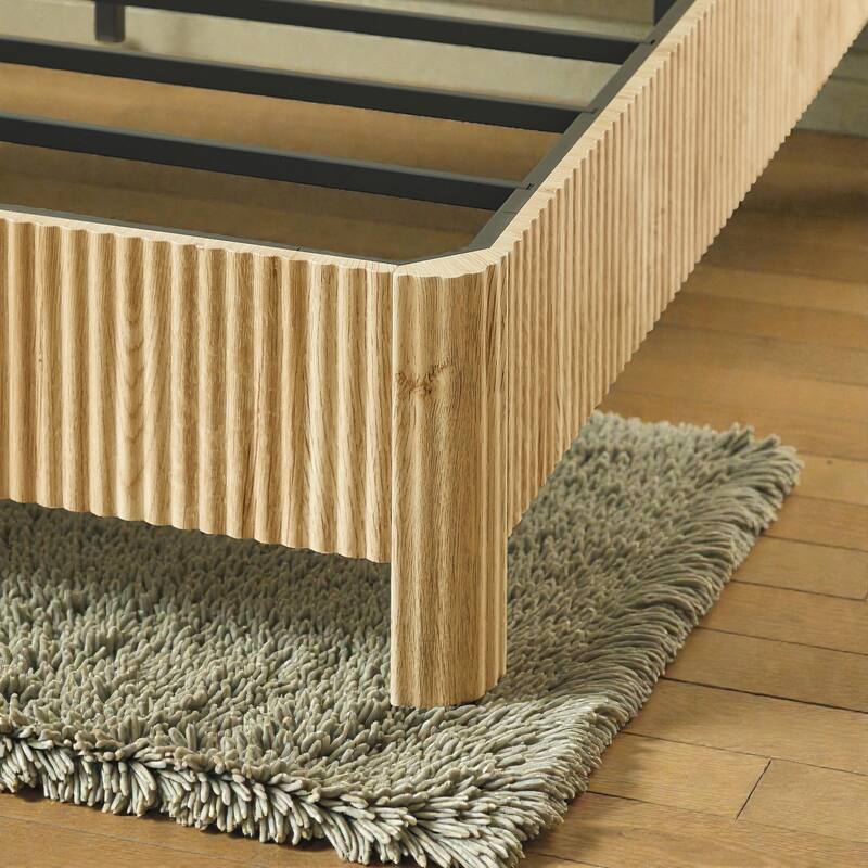 Wood Bed Frame with Corrugated Curved Wood Panels, Heavy Duty Metal Support, No Box Spring Needed