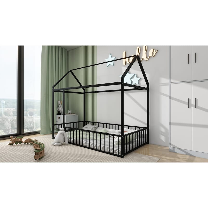 Black Twin Size Metal House Bed Frame with Fence and Roof for Kids, Teens, Girls, Boys