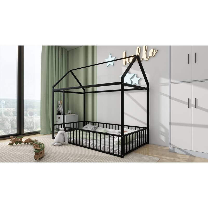 Twin Size Metal Bed House Bed Frame with Fence, for Kids, Teens, Girls, Boys, Black