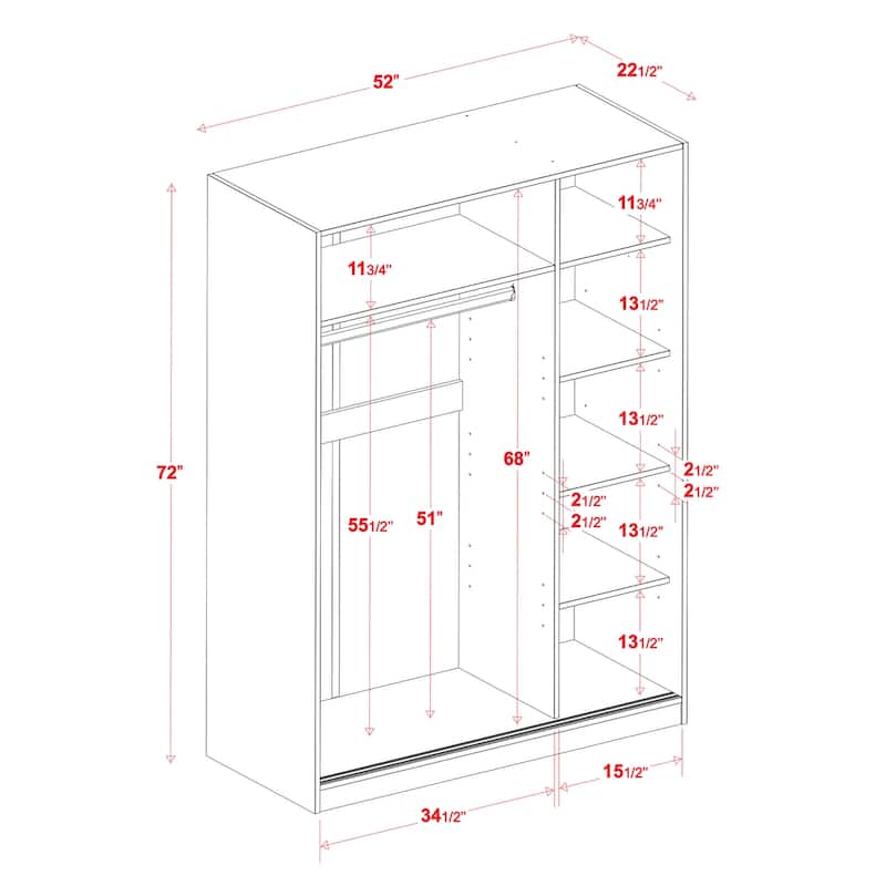 Palace Imports 100% Solid Wood Wall Closet System of Wardrobe Armoires with Mirrored, Louvered or Raised Panel Sliding Doors