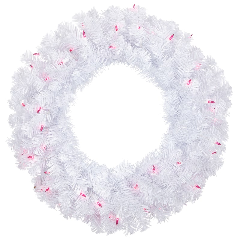 Woodbury White Pine Artificial Christmas Wreath, 24-Inch, Pink Lights