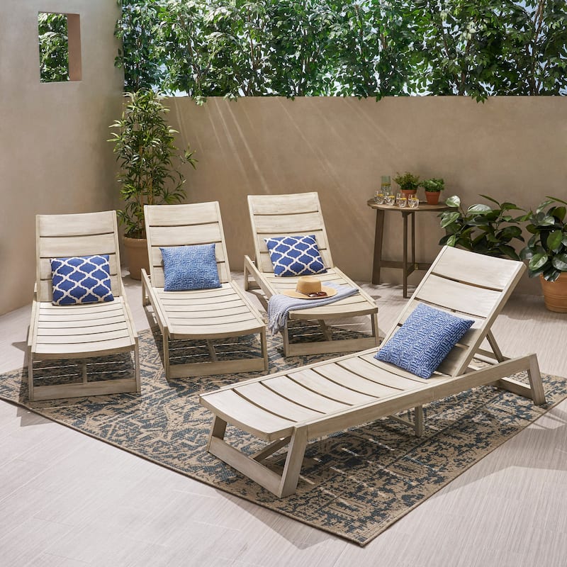 Maki Outdoor Acacia Wood Chaise Lounge (Set of 4) by Christopher Knight Home - Light Gray Wash+Gray Metal