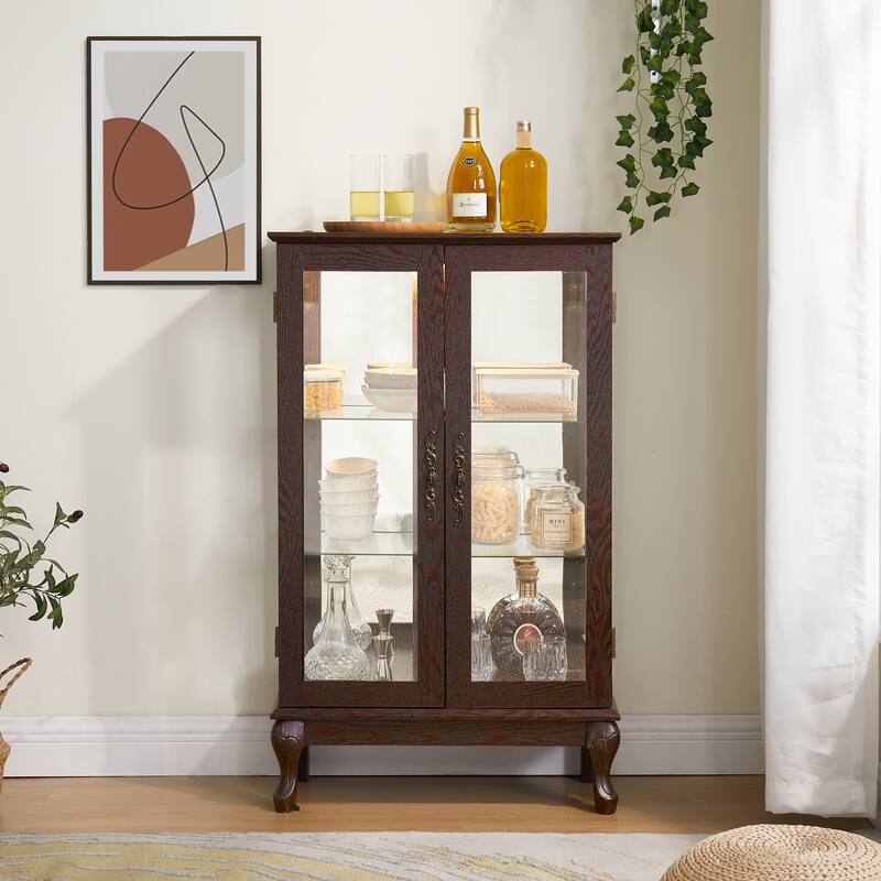 Lighted Display Cabinet with 2 Tempered Glass Doors and Adjustable Shelves