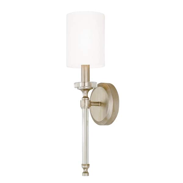 slide 2 of 5, Breigh 1-light Brushed Champagne Wall Sconce w/ White Fabric Stay-Straight Shade