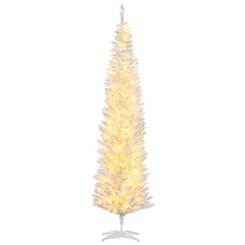 HOMCOM 7' Tall Pre-Lit Slim Noble Fir Artificial Christmas Tree with Realistic Branches, 200 Warm White LED Lights and 499 Tips