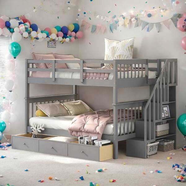 slide 2 of 10, Stairway Full-Over-Full Bunk Bed with Drawer,Storage and Guard Rail for Bedroom,Maximized Storage Space,Gray Gray